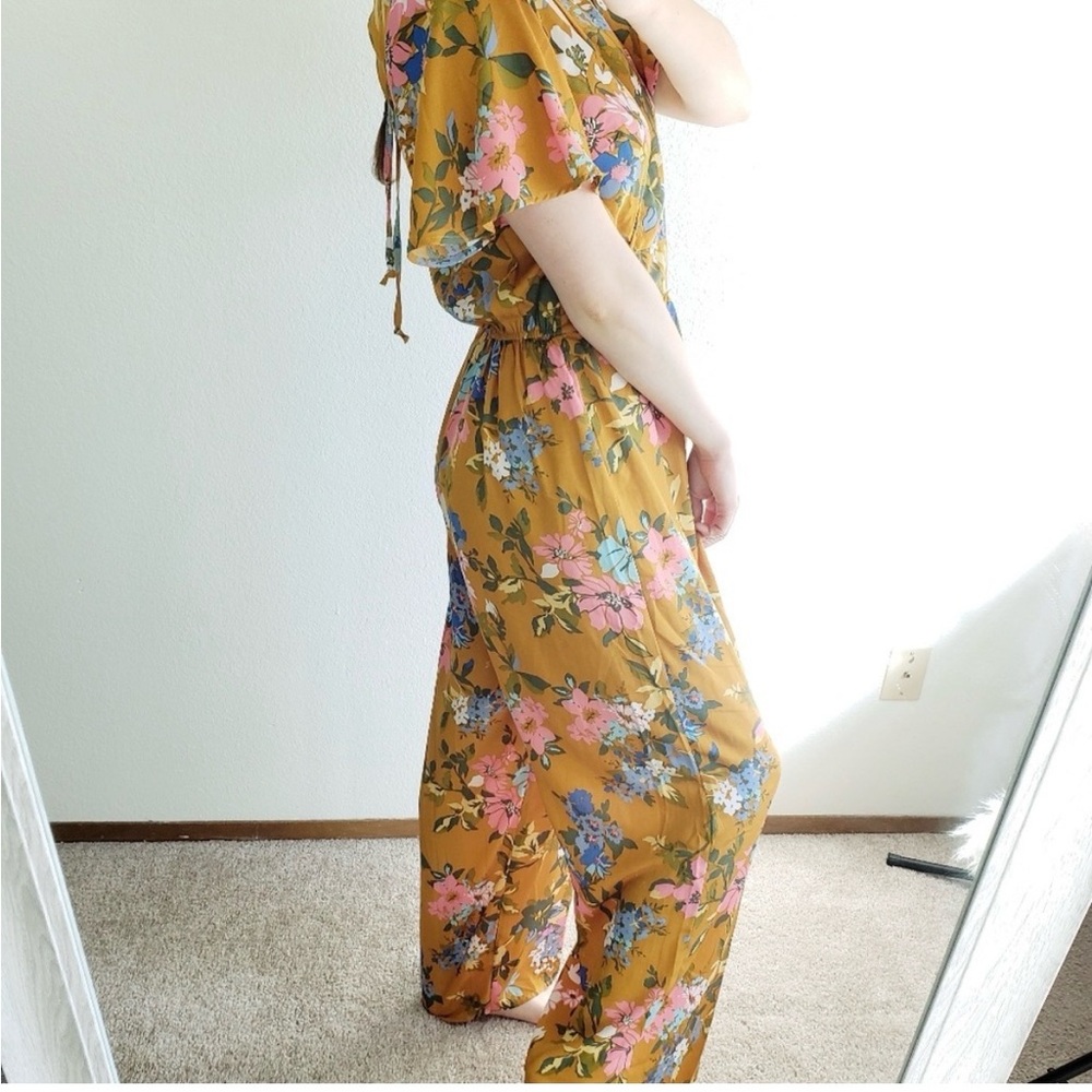 Band of Gypsies Mustard Floral Wrap Jumpsuit - Picture 3 of 5